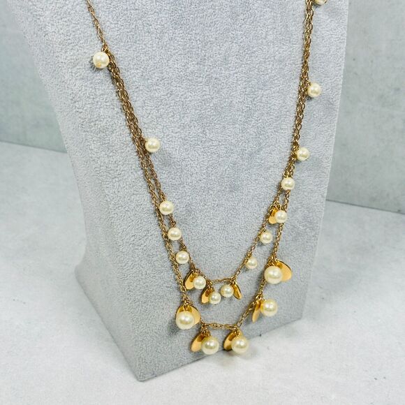 J. Crew Jewelry - J. Crew Necklace Layered Charm Beaded Faux Pearl Gold Tone 36" Elegant Modern
